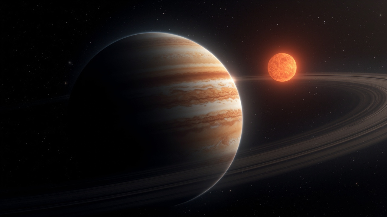 Artistic rendering of gas giant TOI-5205 b orbiting its red dwarf star