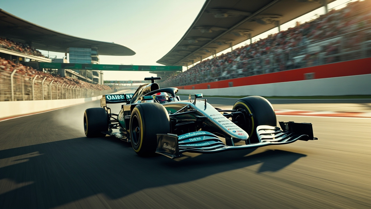 A Formula 1 car in silver Mercedes livery racing through a corner on a modern circuit with empty grandstands visible in the background
