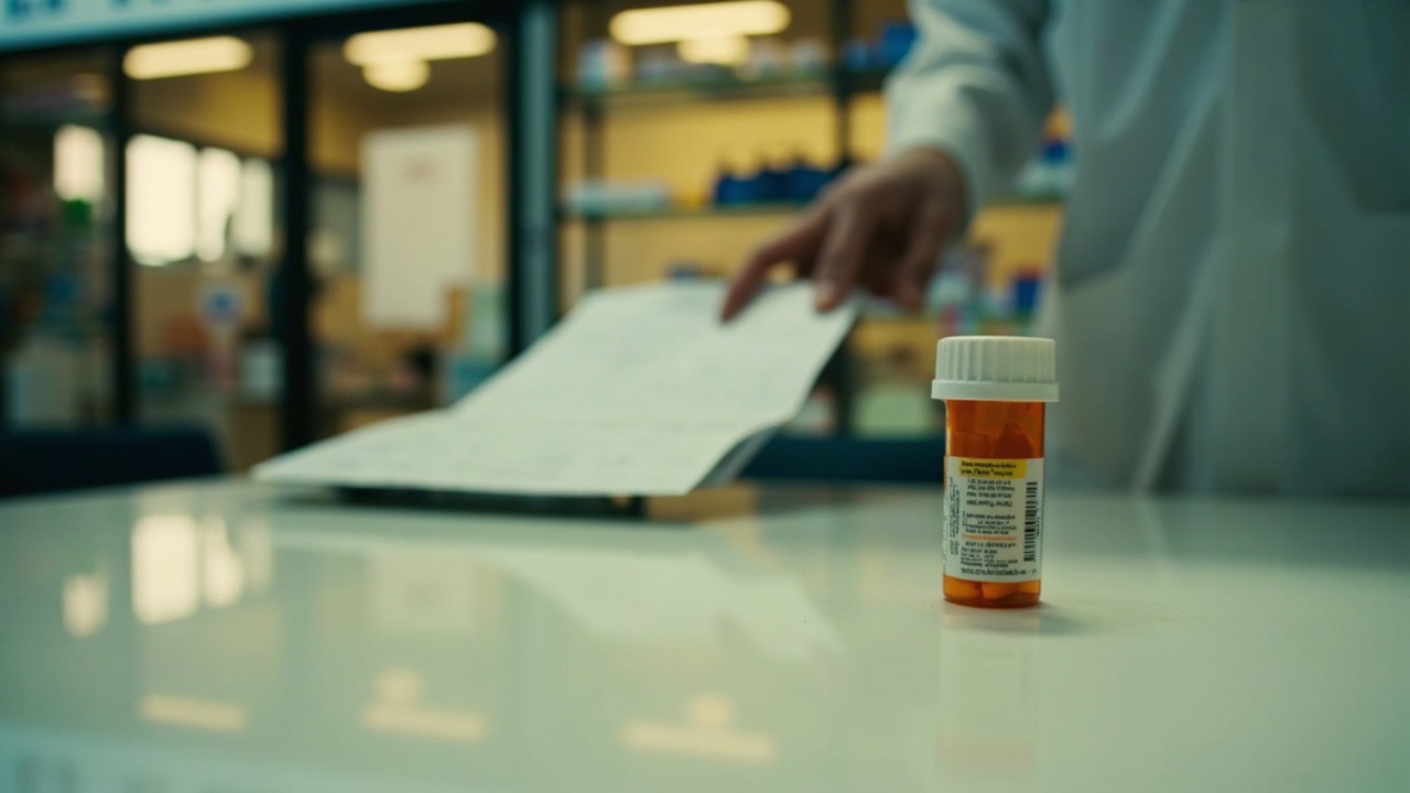 A small white pill bottle labeled Foundayo on a pharmacy counter next to a prescription pad