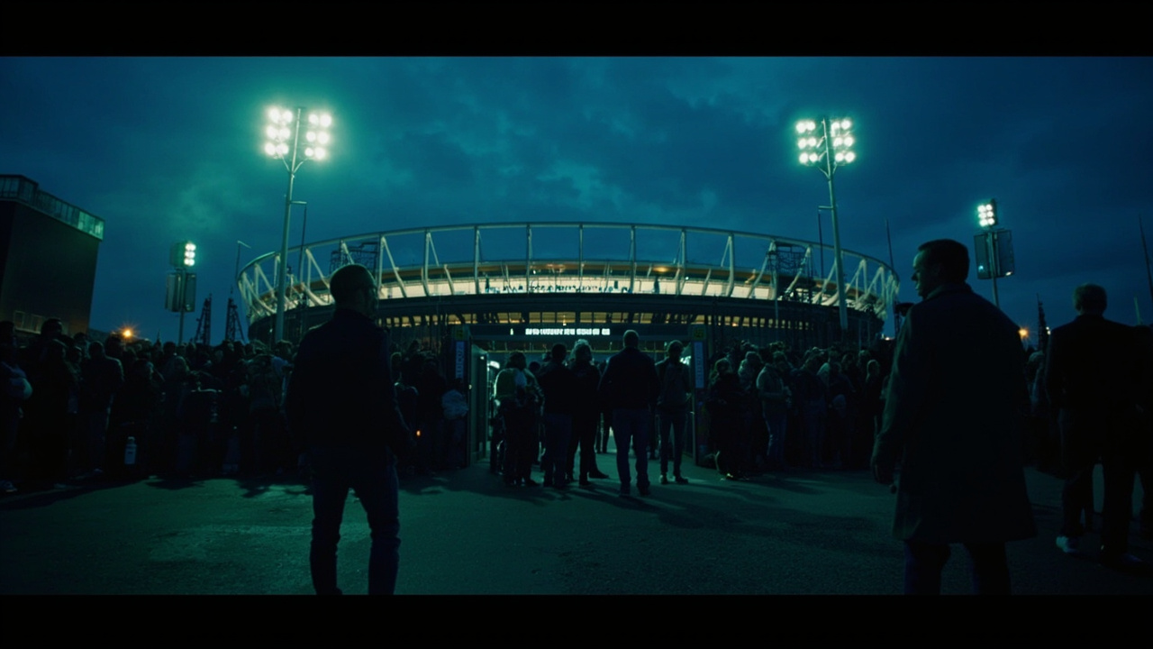 Tottenham Hotspur Stadium lit up at dusk before a boxing event