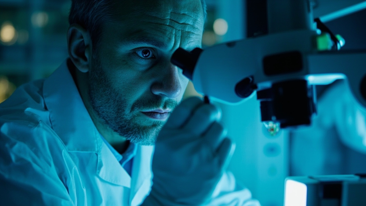 Close-up of a researcher examining a cochlear cell sample under a laboratory microscope, blue-tinted lighting