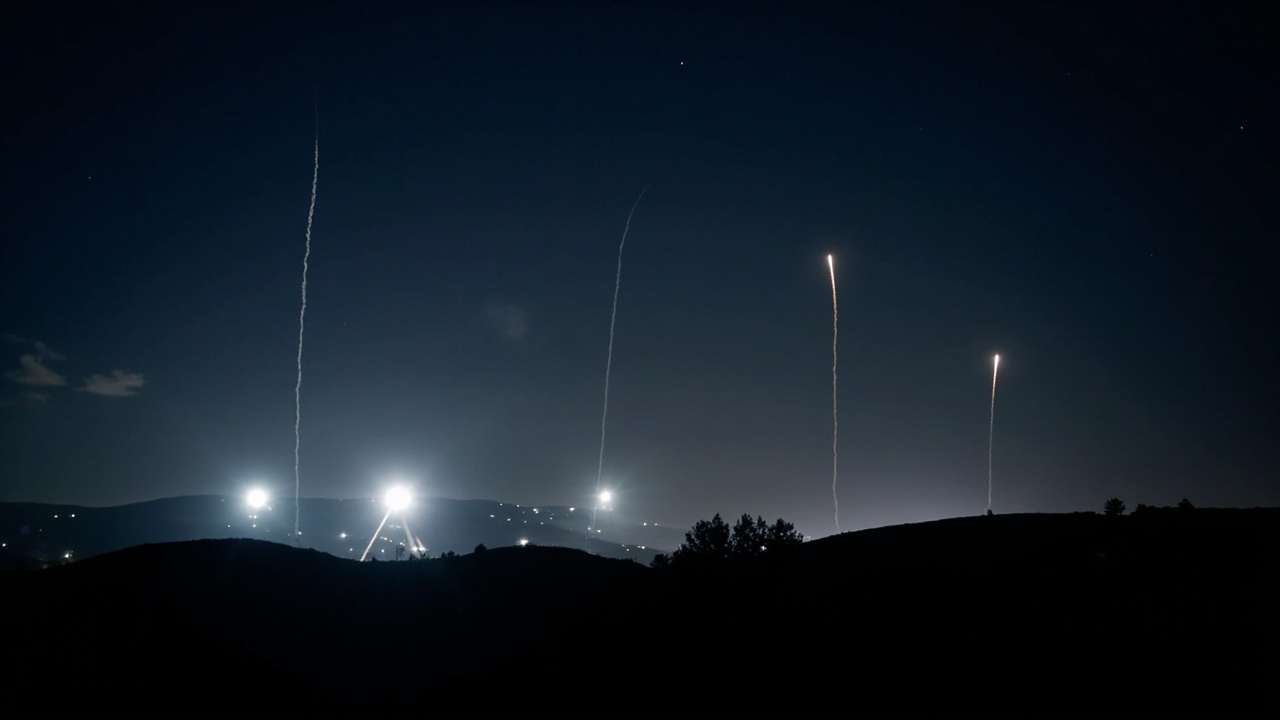 Rocket trails and interceptions over northern Israel at night