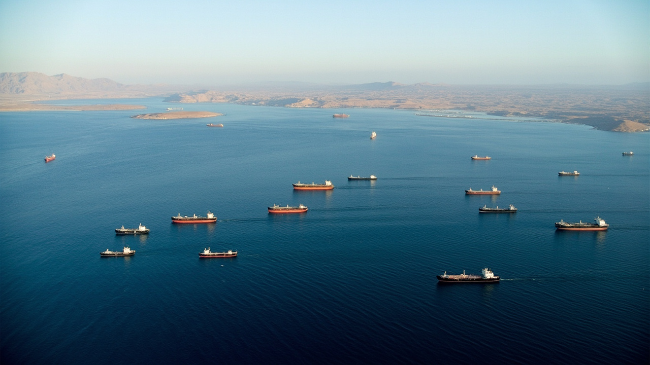 Aerial view of dozens of oil tankers anchored near a narrow strait with arid mountains on the coastline