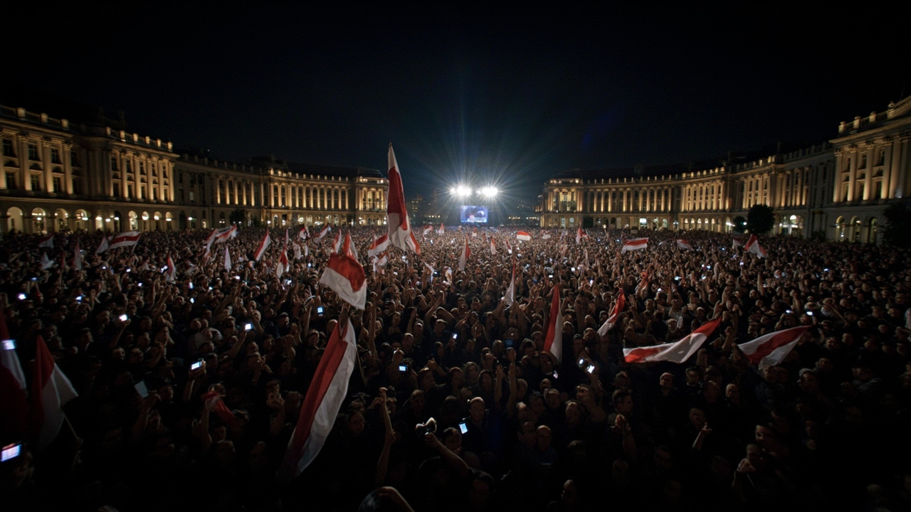 A massive crowd filling a grand European square at night waving Hungarian flags and holding phones as lights with a stage and podium in the distance