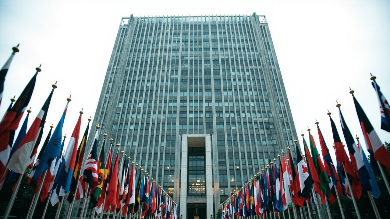 IMF headquarters building in Washington DC with flags of member nations lining the entrance