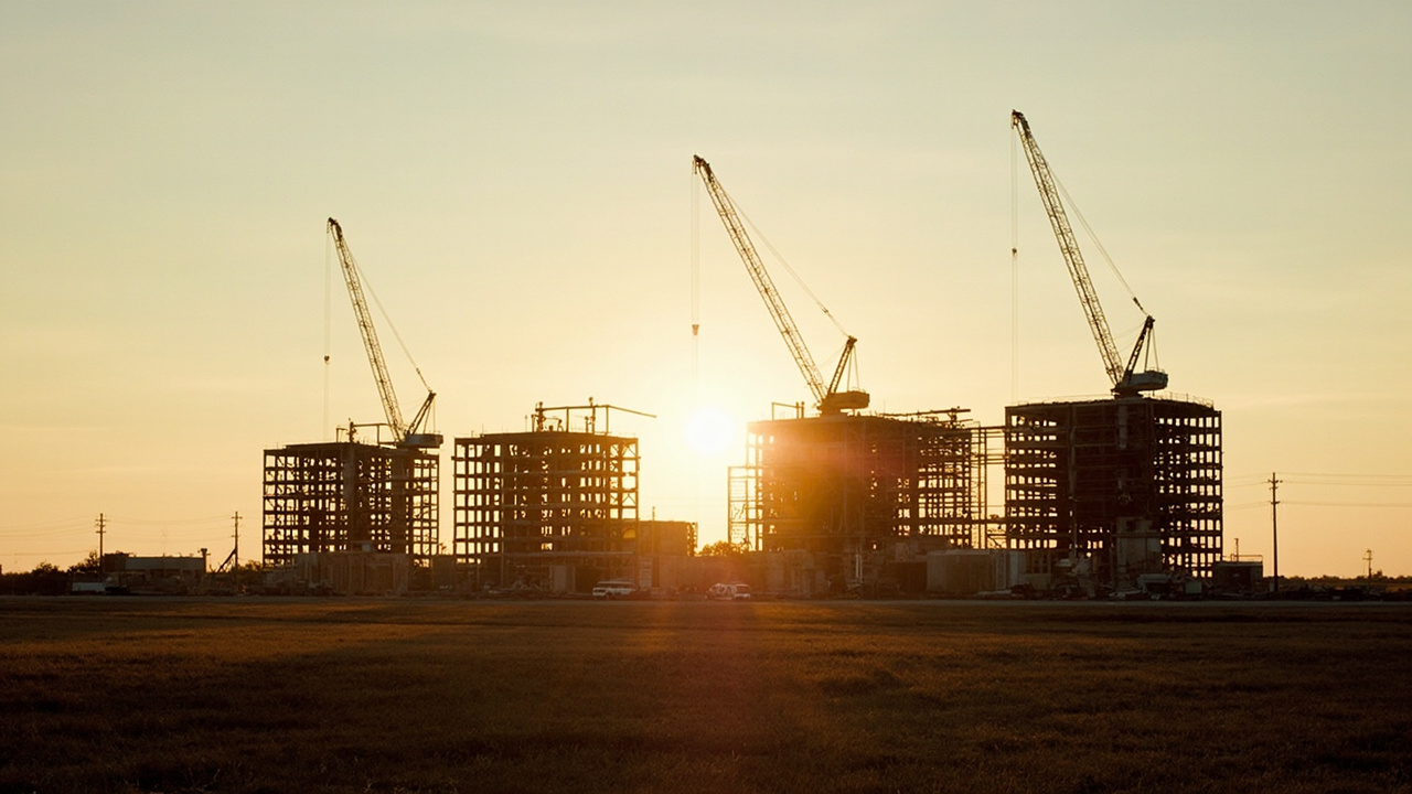Massive semiconductor fabrication facility under construction in Austin, Texas, steel framework rising against a wide sky