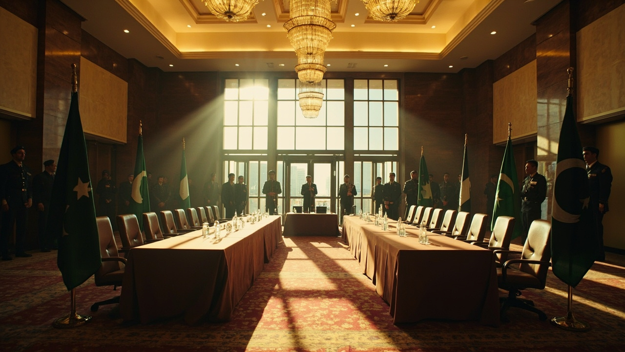 An opulent hotel conference room in Islamabad with two empty facing tables separated by a wide aisle, Pakistani flags flanking both sides, bodyguards visible through glass doors