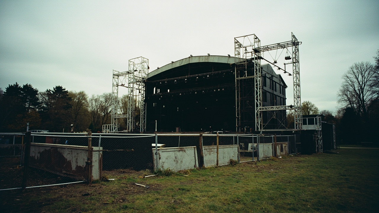 An empty outdoor festival stage with dismantled rigging and abandoned barriers in a London park, grey sky overhead