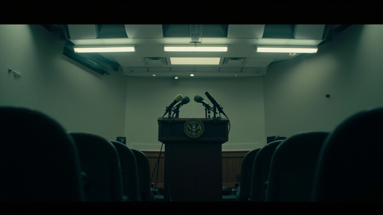 Empty NTSB press podium with microphones and no speaker