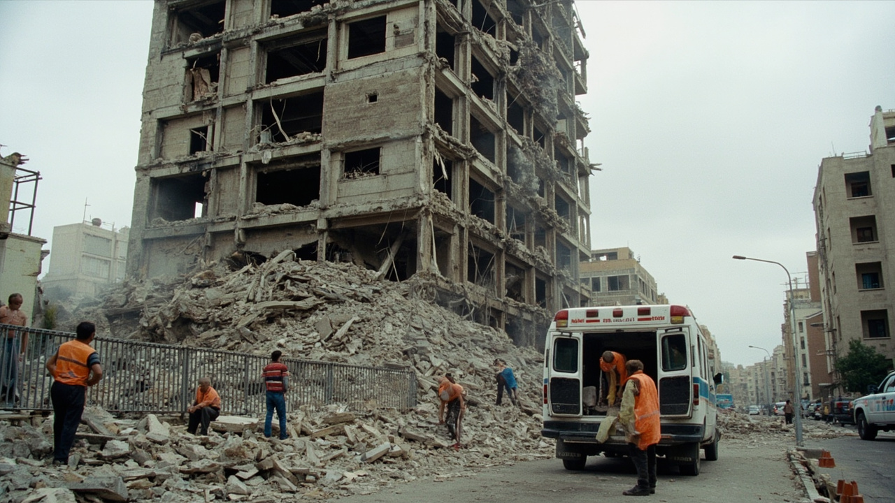 Destroyed residential building in Beirut with rescue workers visible in foreground and diplomatic flags superimposed
