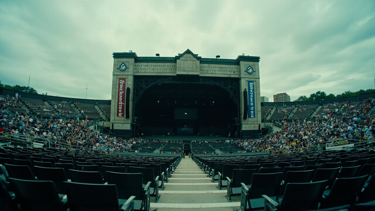 An empty Live Nation amphitheater under gray skies