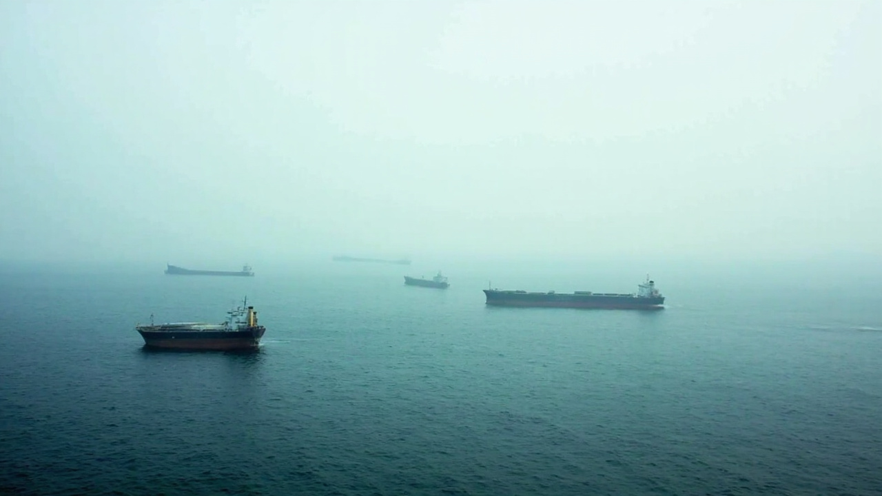 Container ships anchored in open water waiting outside a narrow strait