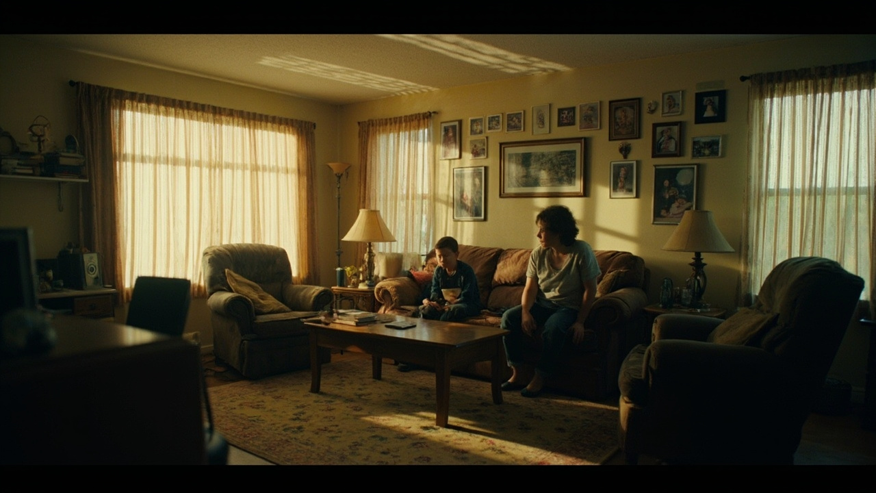 A suburban American living room with mismatched furniture and family photos on the wall, warm afternoon light streaming through curtains