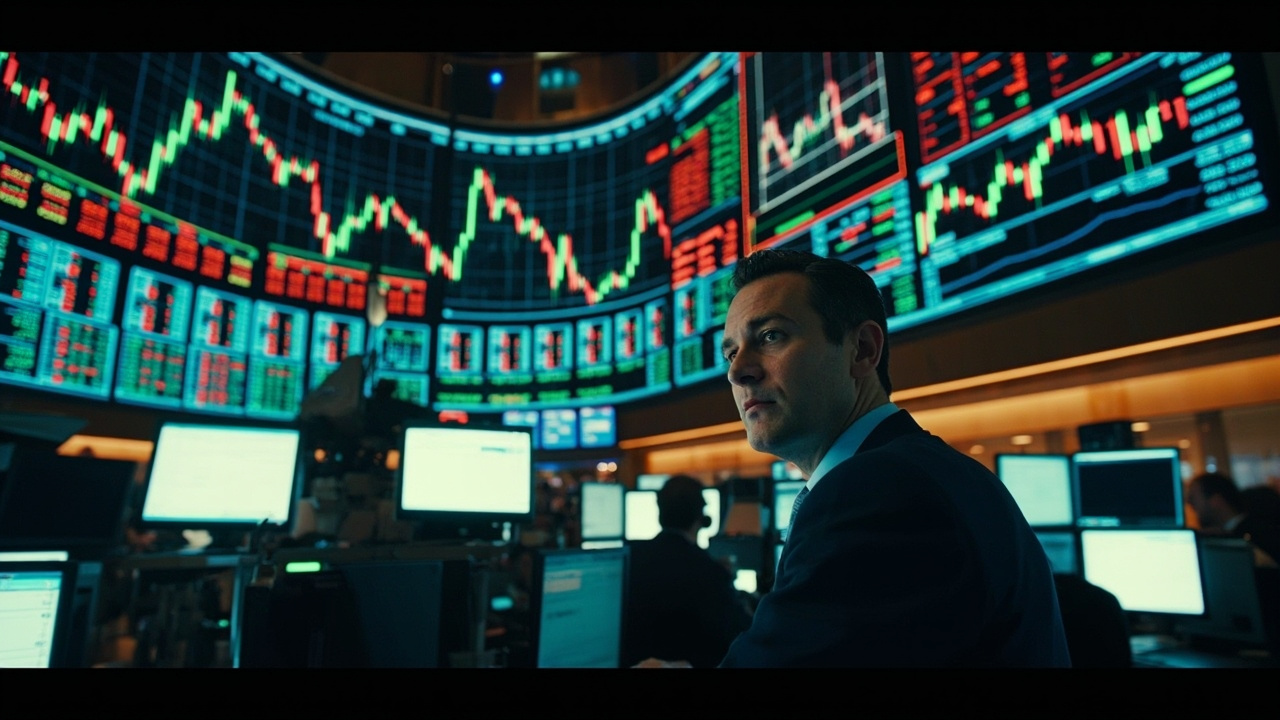 Stock market trading floor screens showing mixed green and red indicators during a volatile session