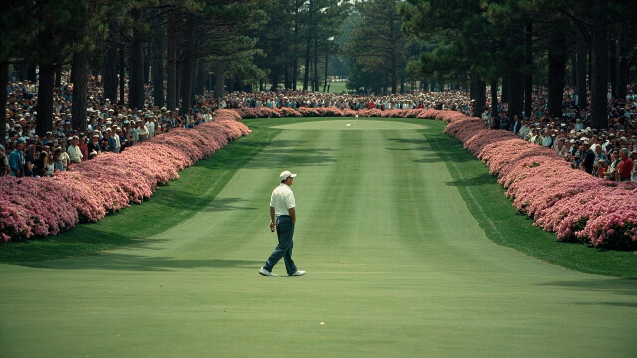 A lone golfer walks down an Augusta National fairway flanked by azaleas and enormous galleries