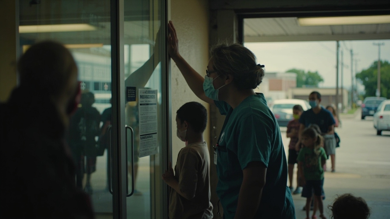 A public health worker in scrubs posting a measles vaccination notice on the glass door of a county health department in a small Southern town, with a line of parents and children visible inside