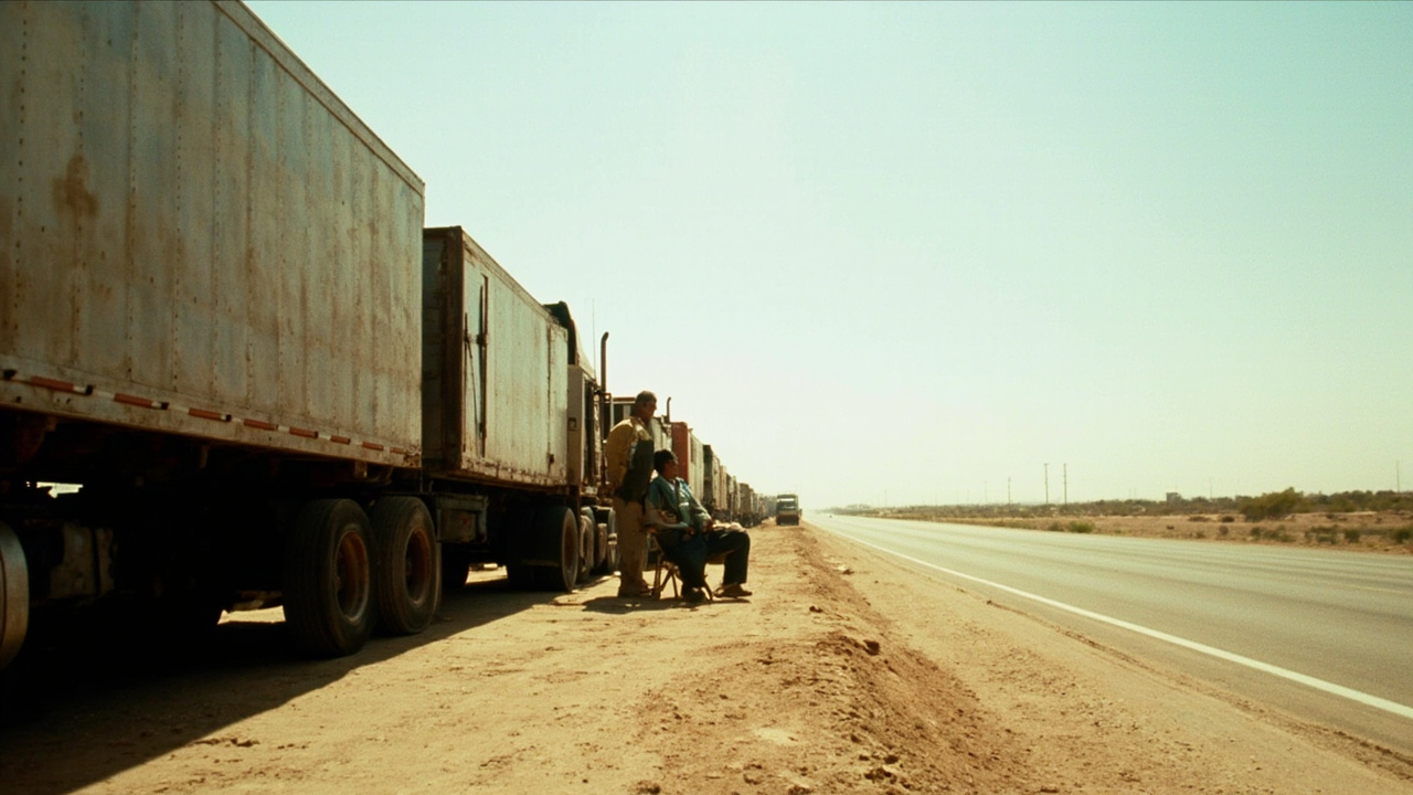 Row of idle freight trucks at a dusty Mexican highway rest stop