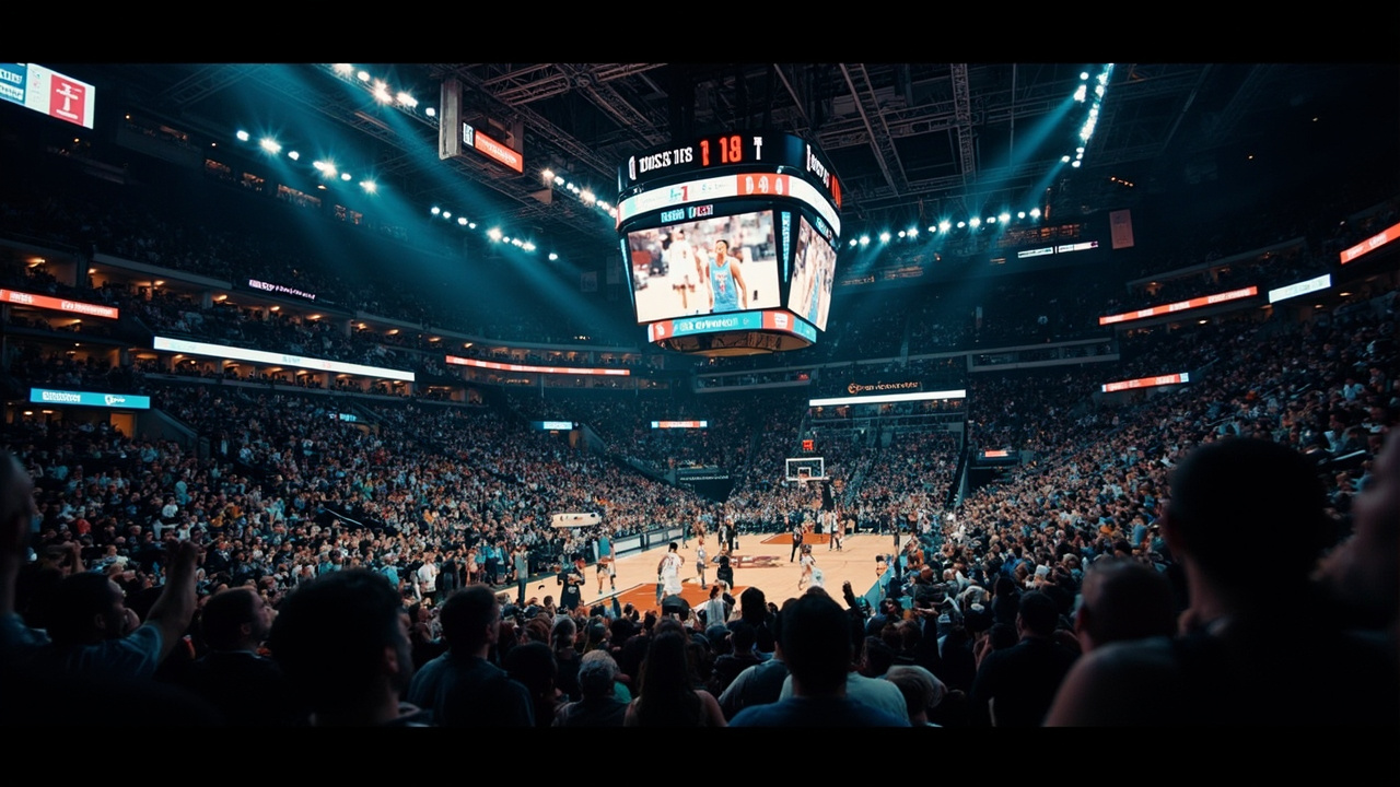 A packed NBA arena during a late-season game with fans on their feet and a scoreboard showing the final week of the regular season