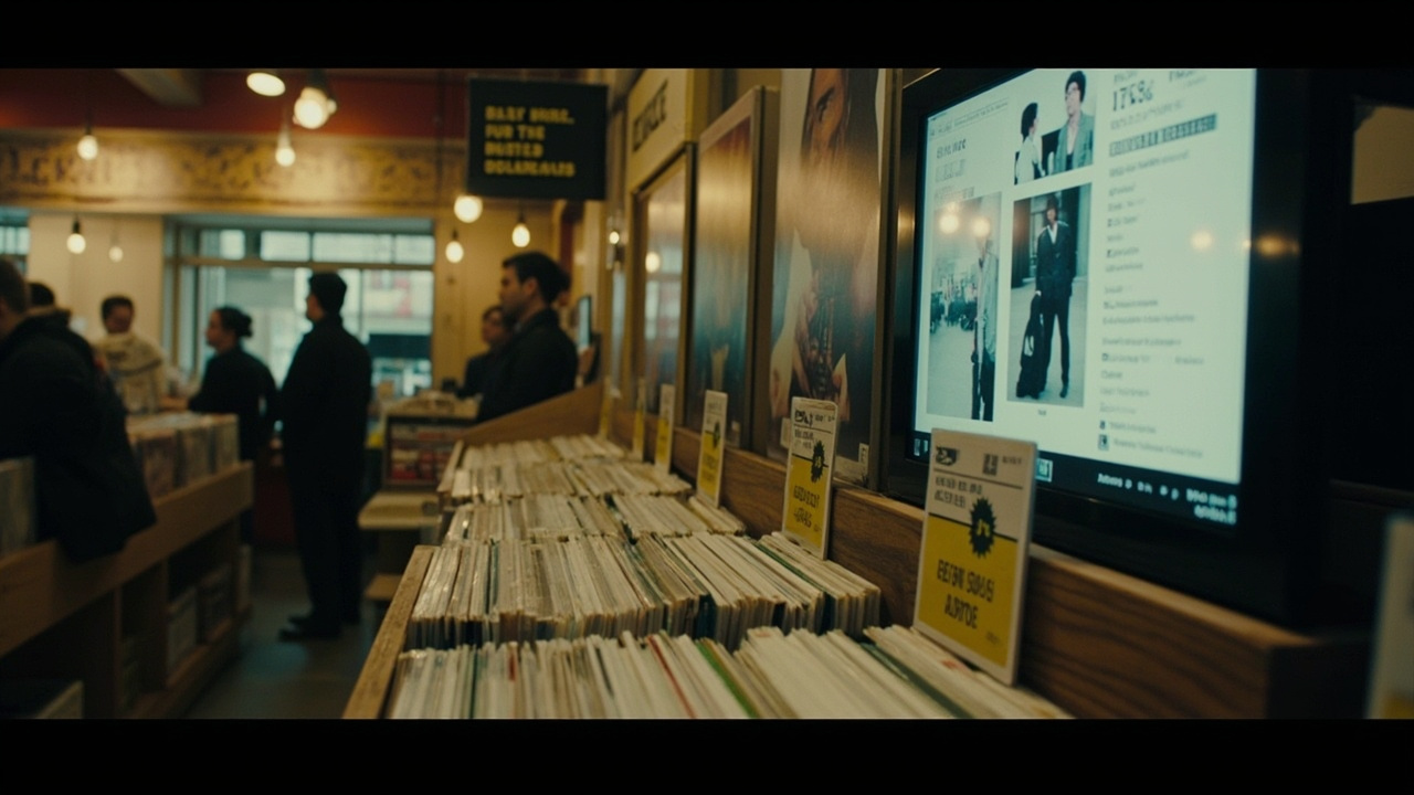 Vinyl records and streaming screens showing new album artwork