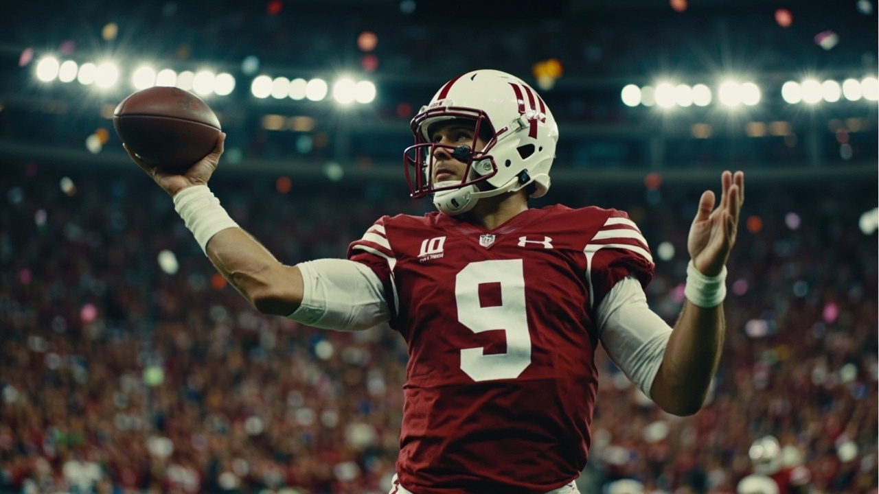 A college quarterback in an Indiana uniform throwing a pass in a championship game setting with confetti in the background