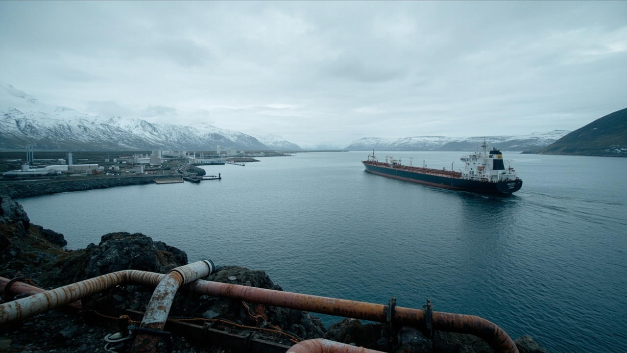 An industrial LNG terminal on a Nordic fjord with a tanker docked under grey skies and snow-capped mountains in the background
