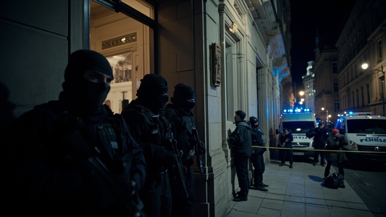 Masked security officers outside a Moscow newspaper office at night, police vans parked in the courtyard