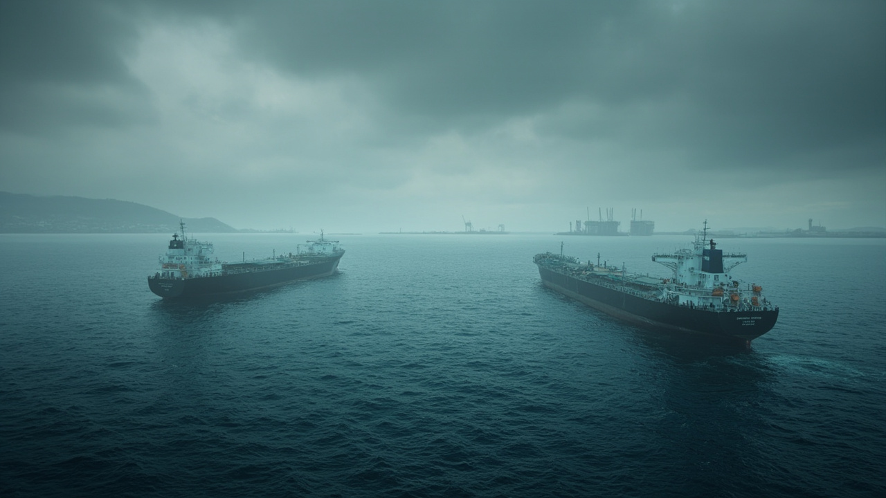 Oil tankers waiting at anchor in open water near the Strait of Hormuz with dark clouds overhead