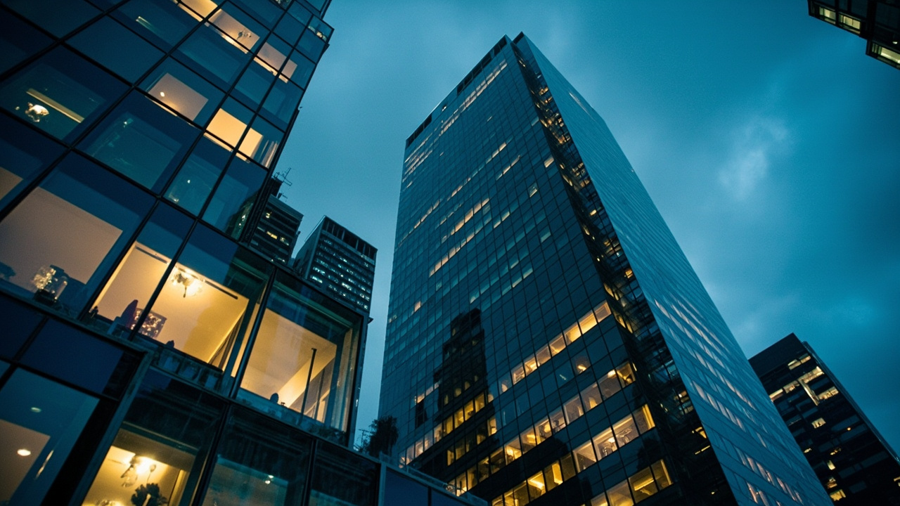 Glass office tower at dusk representing tech company ambition