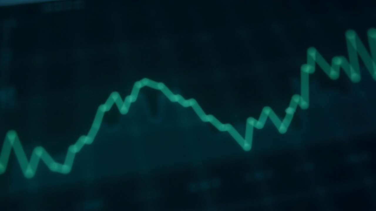Abstract split-screen showing two ascending revenue curves crossing each other, one in teal and one in green, on a dark financial dashboard