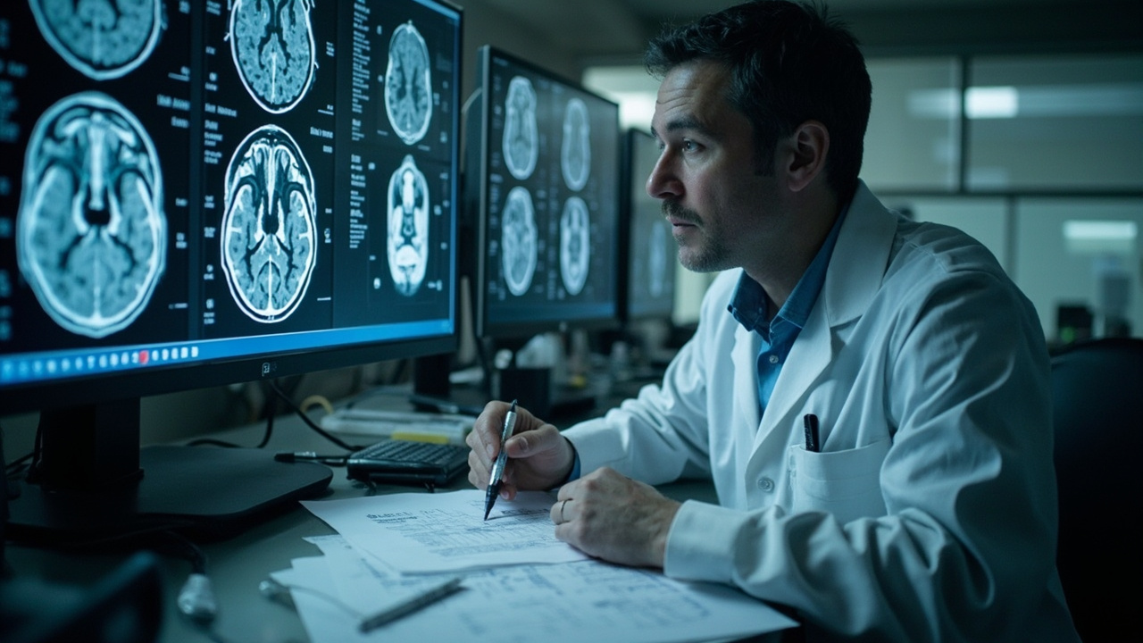A clinical researcher examining brain scan imagery on a monitor in a modern neuroscience lab, with a semaglutide injection pen resting on the desk beside printed study data