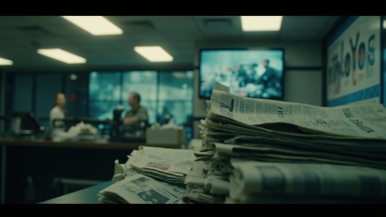 Unread newspapers on a newsroom desk with war coverage on screens behind