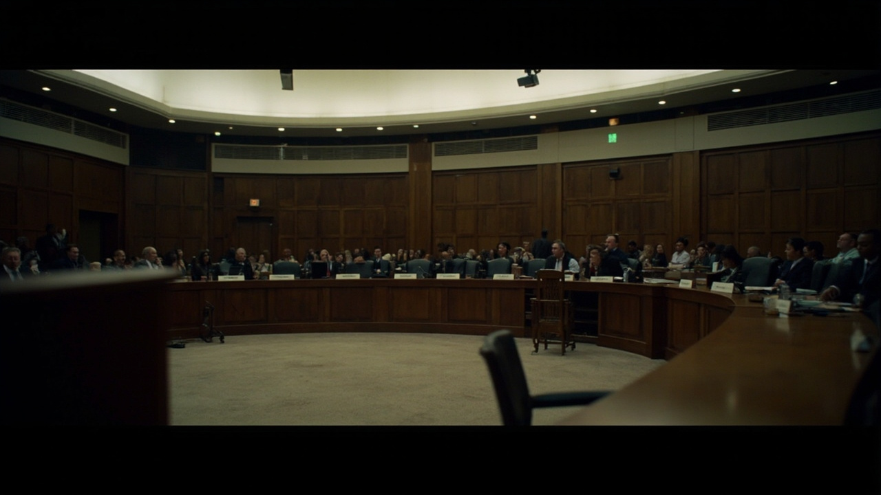 An empty federal advisory committee hearing room with nameplates and microphones but no attendees