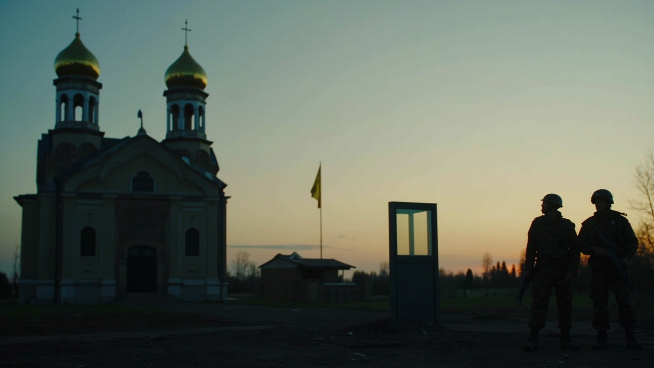 An Orthodox church with golden domes at dusk, a Ukrainian flag visible in the distance, soldiers standing near a checkpoint in the fading light