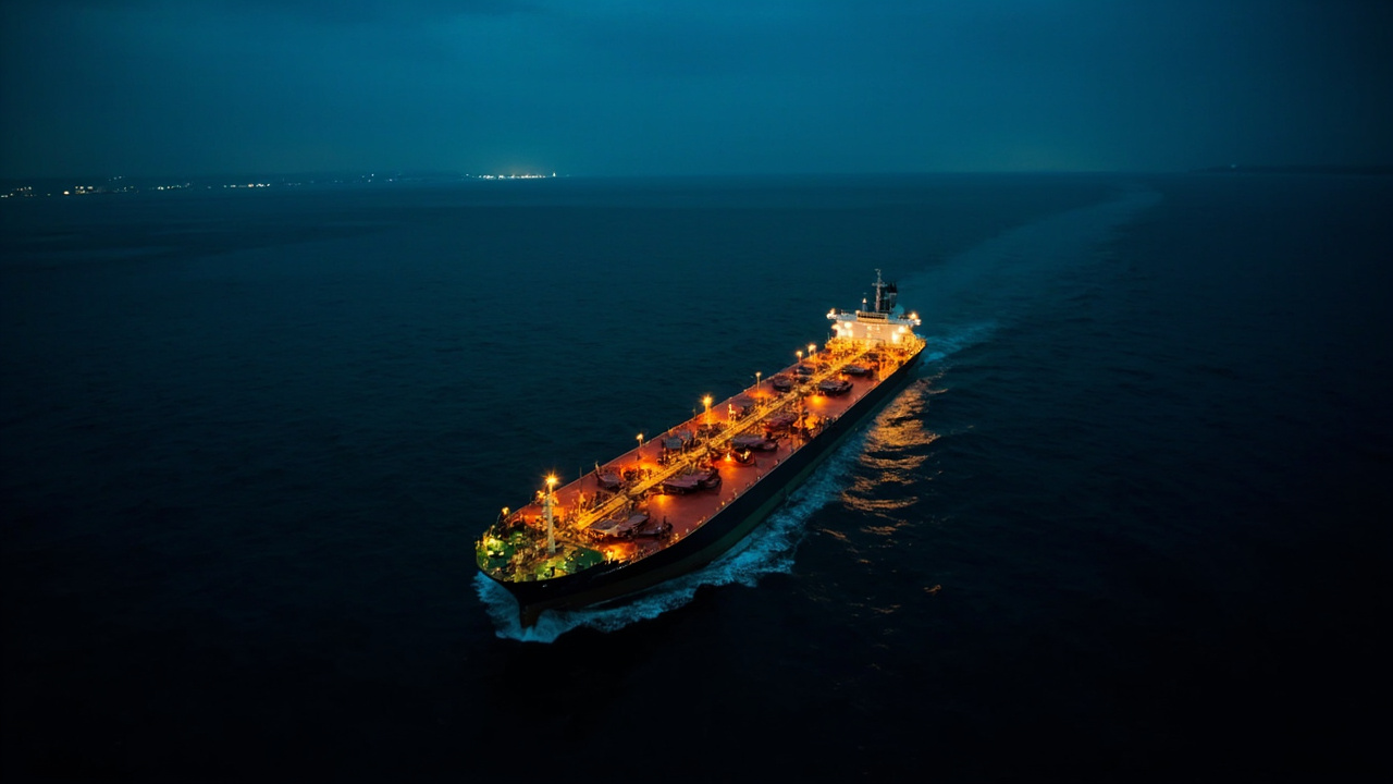 An oil tanker at sea viewed from above at dusk, its deck illuminated by floodlights against dark water, with a faint outline of a port city on the distant horizon