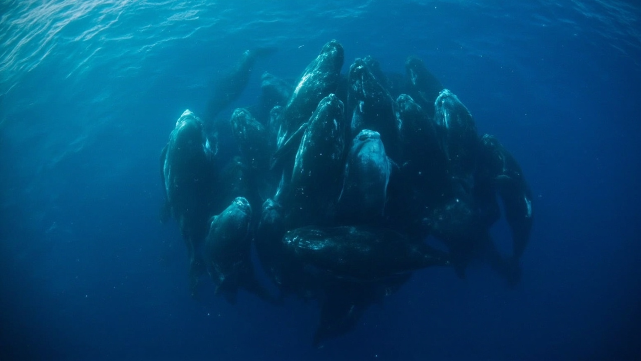 Aerial view of sperm whales gathered at the ocean surface off Dominica
