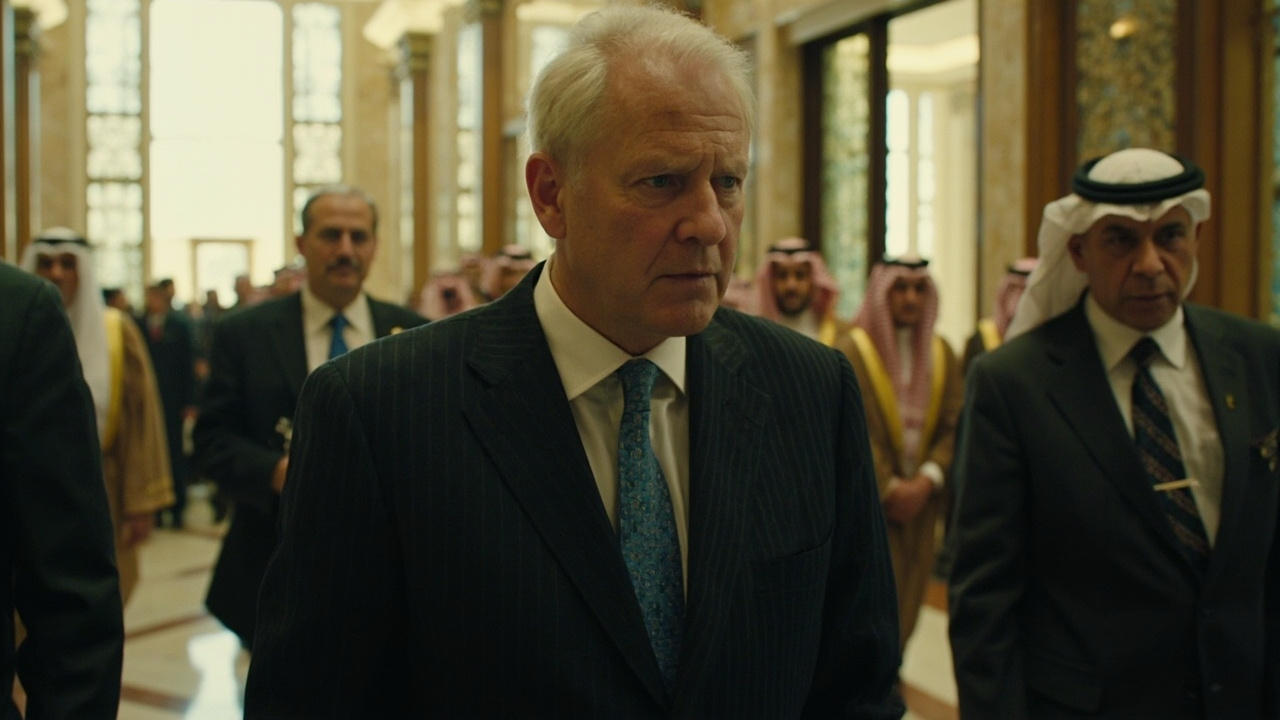 Starmer walking through a Gulf state diplomatic venue