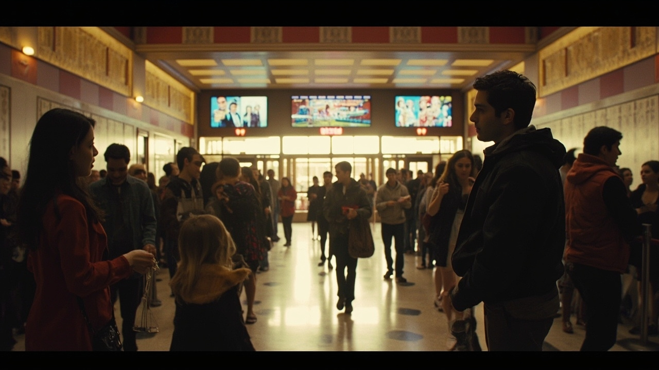 Crowded movie theater lobby with families lining up for tickets