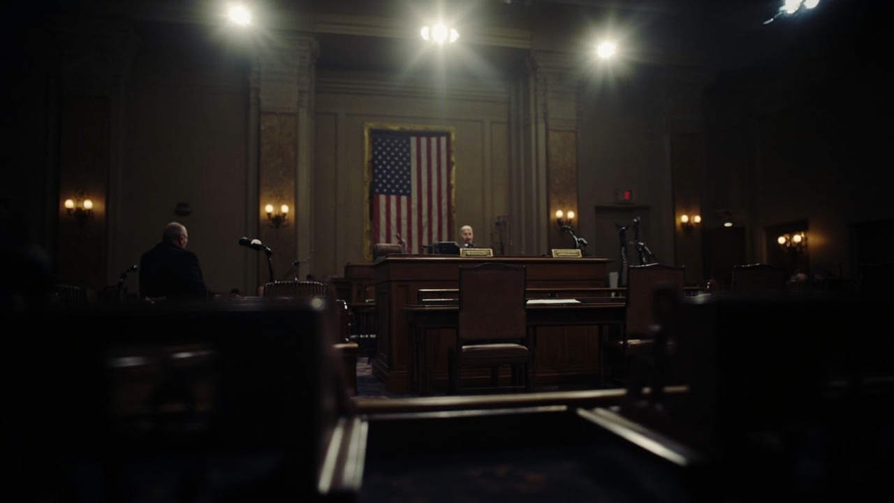 An empty congressional hearing room with microphones at the witness table and an American flag in the background