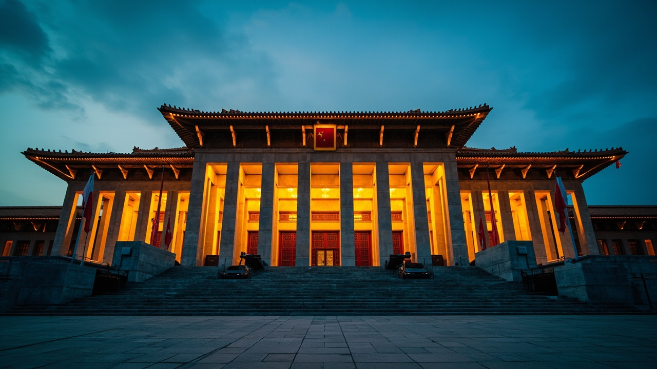 The Great Hall of the People in Beijing at dusk with Chinese national flags flanking the grand entrance steps
