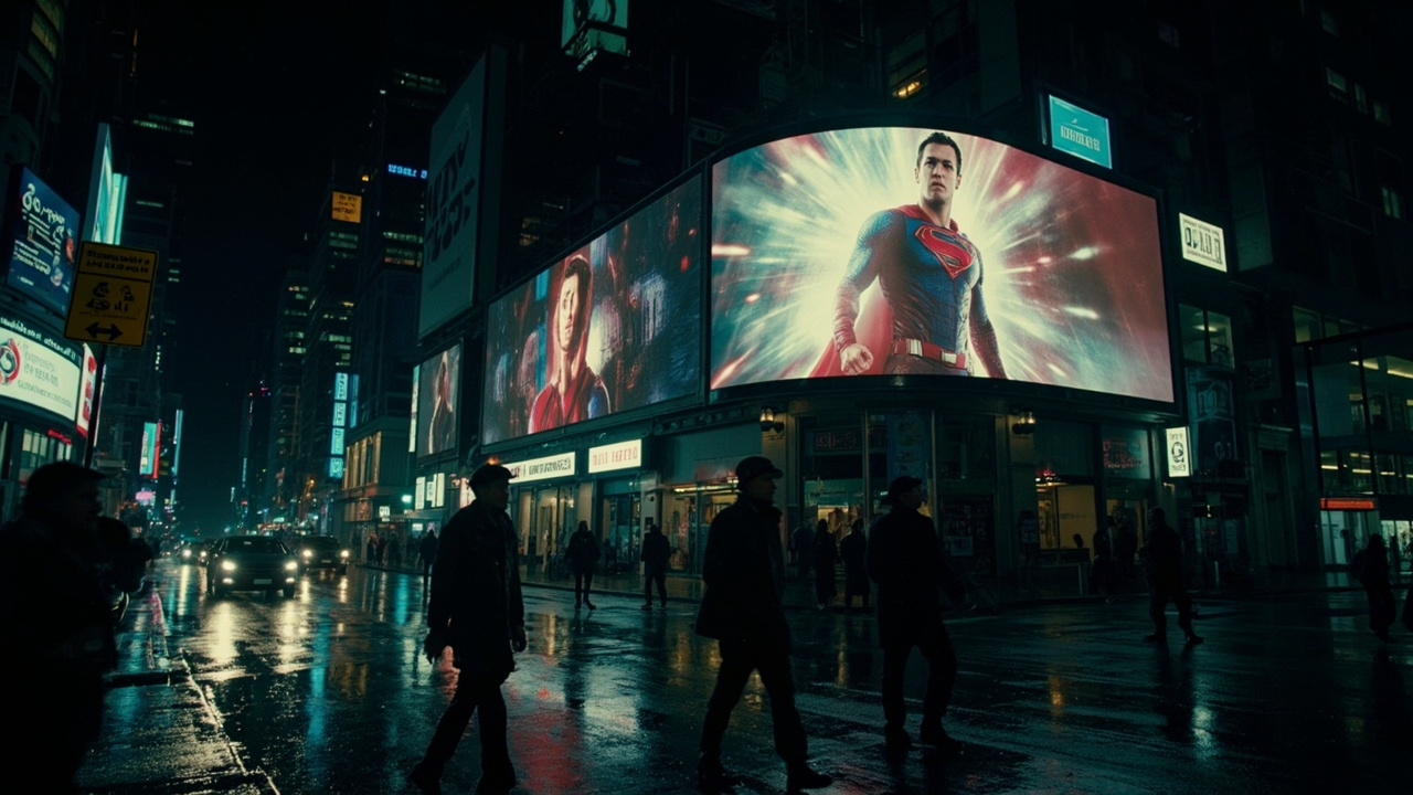 A rain-soaked city street at night with a massive digital billboard showing a patriotic superhero advertisement, pedestrians walking beneath it