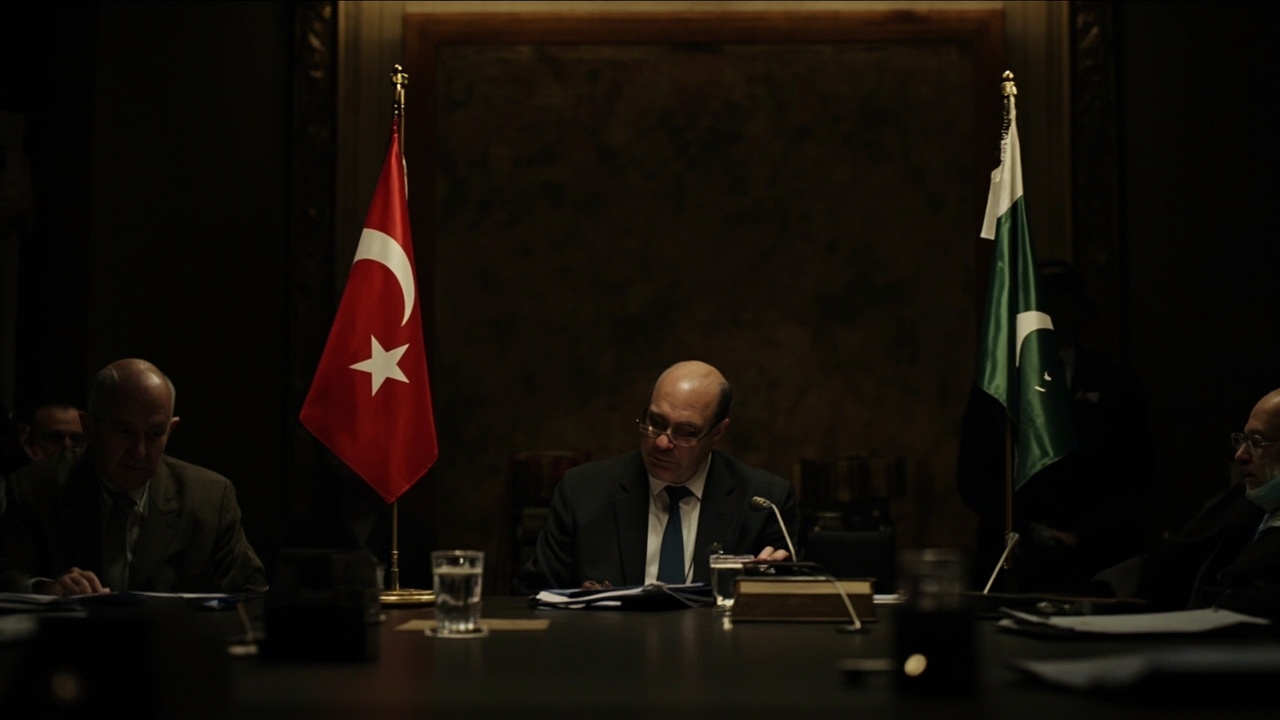 A diplomatic conference table with Turkish and Pakistani flags visible, an ornate meeting room with officials in shadow