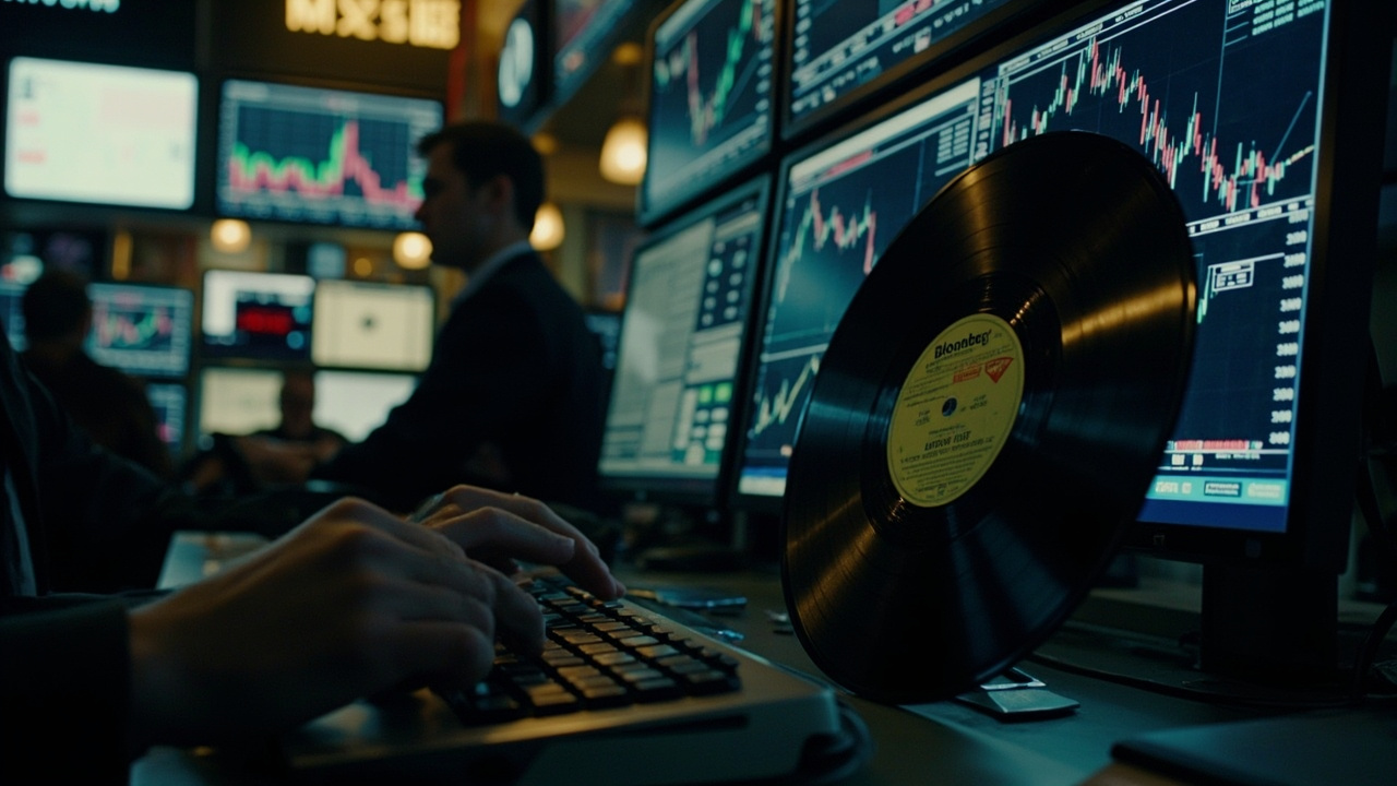 A Wall Street trading floor with screens displaying music industry stock tickers and a vinyl record resting on a Bloomberg terminal