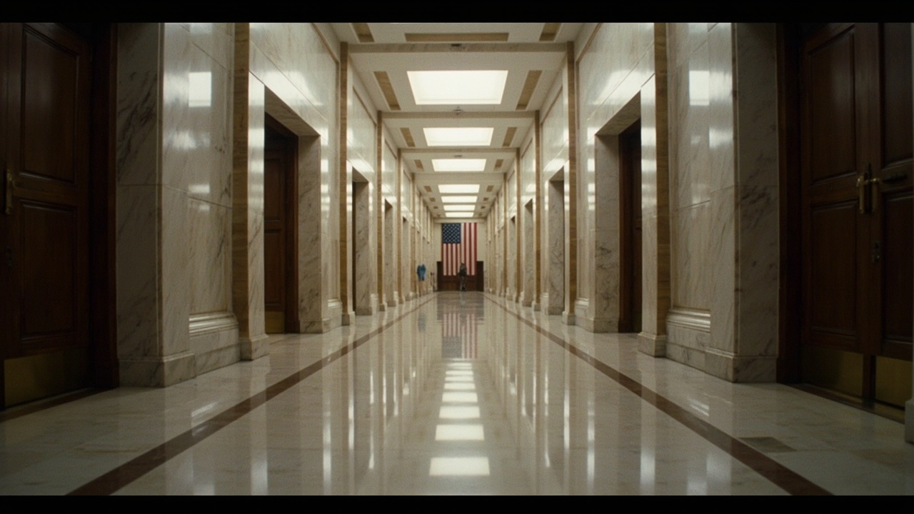 Empty congressional chamber hallway with American flag and closed doors