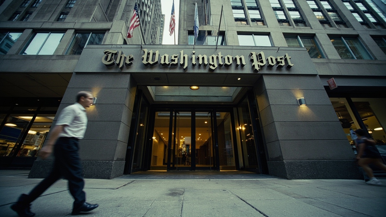The Washington Post building facade with its masthead visible