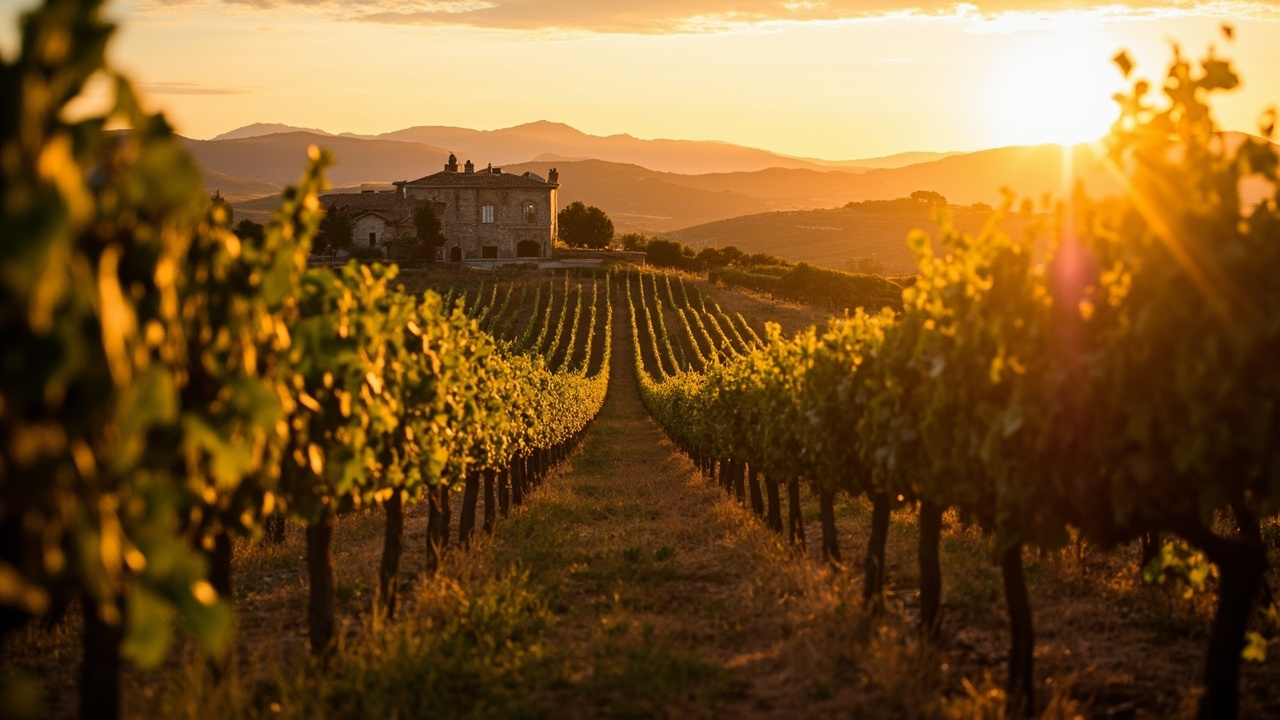 Sunlit Italian vineyard with rolling hills in golden evening light