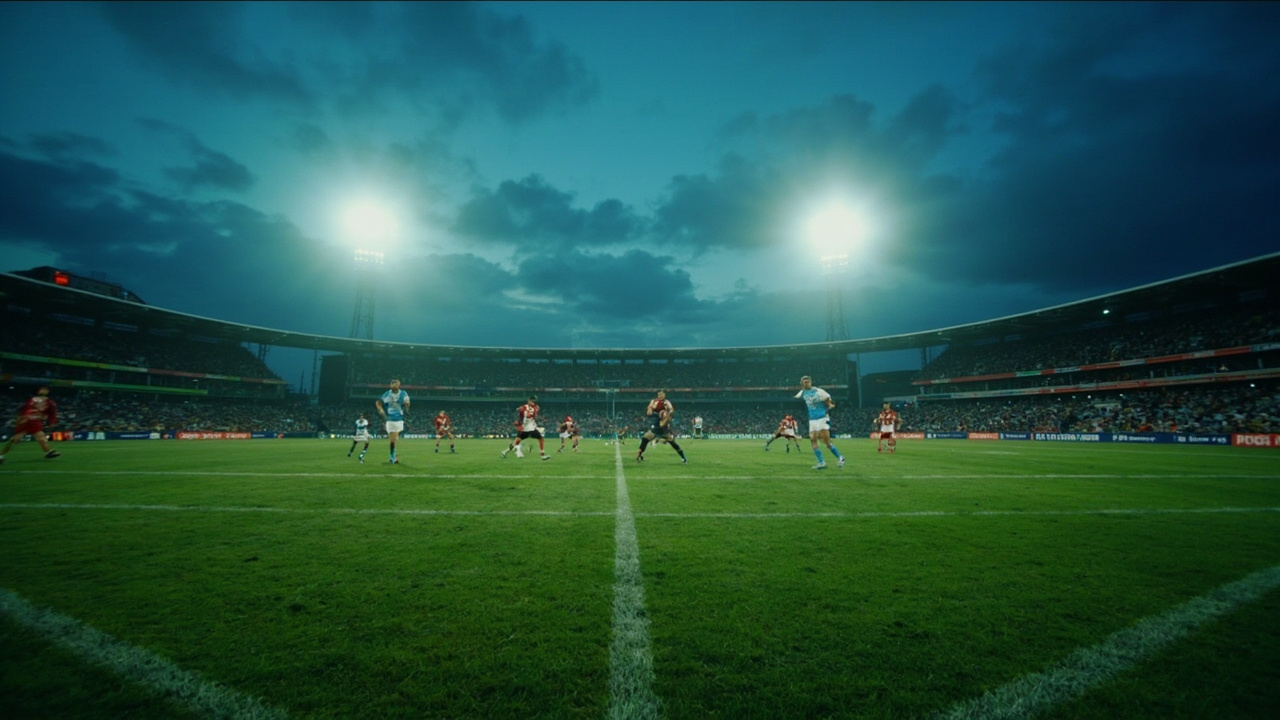 An Australian football oval under floodlights with players in position for a center bounce