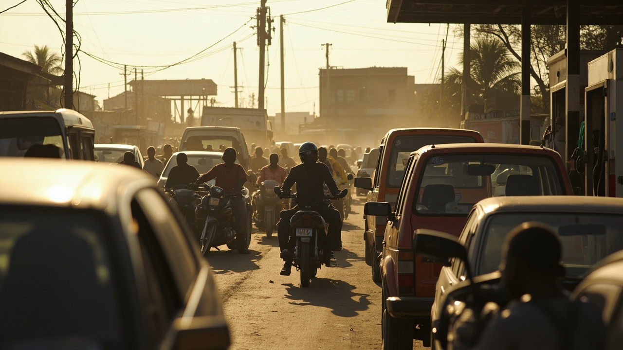 A long line of vehicles waiting at a gas station in a West African city