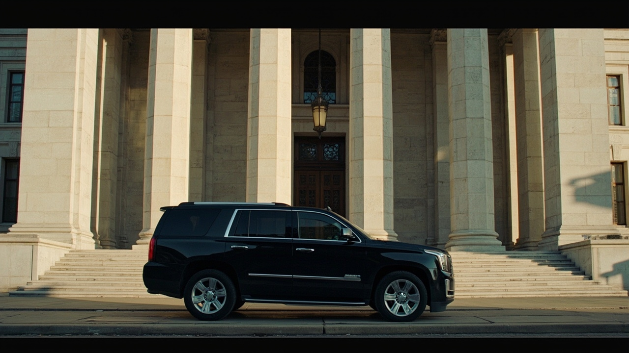 The facade of the U.S. Treasury building in Washington with a black SUV parked outside