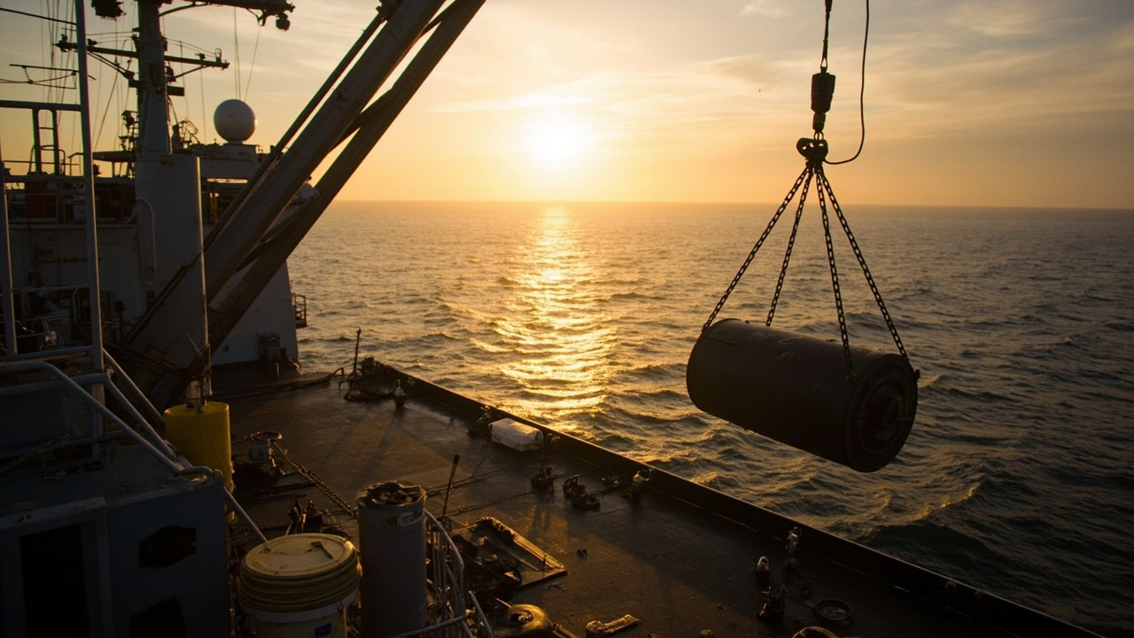 A naval recovery ship in calm Pacific waters off the coast of San Diego at dawn