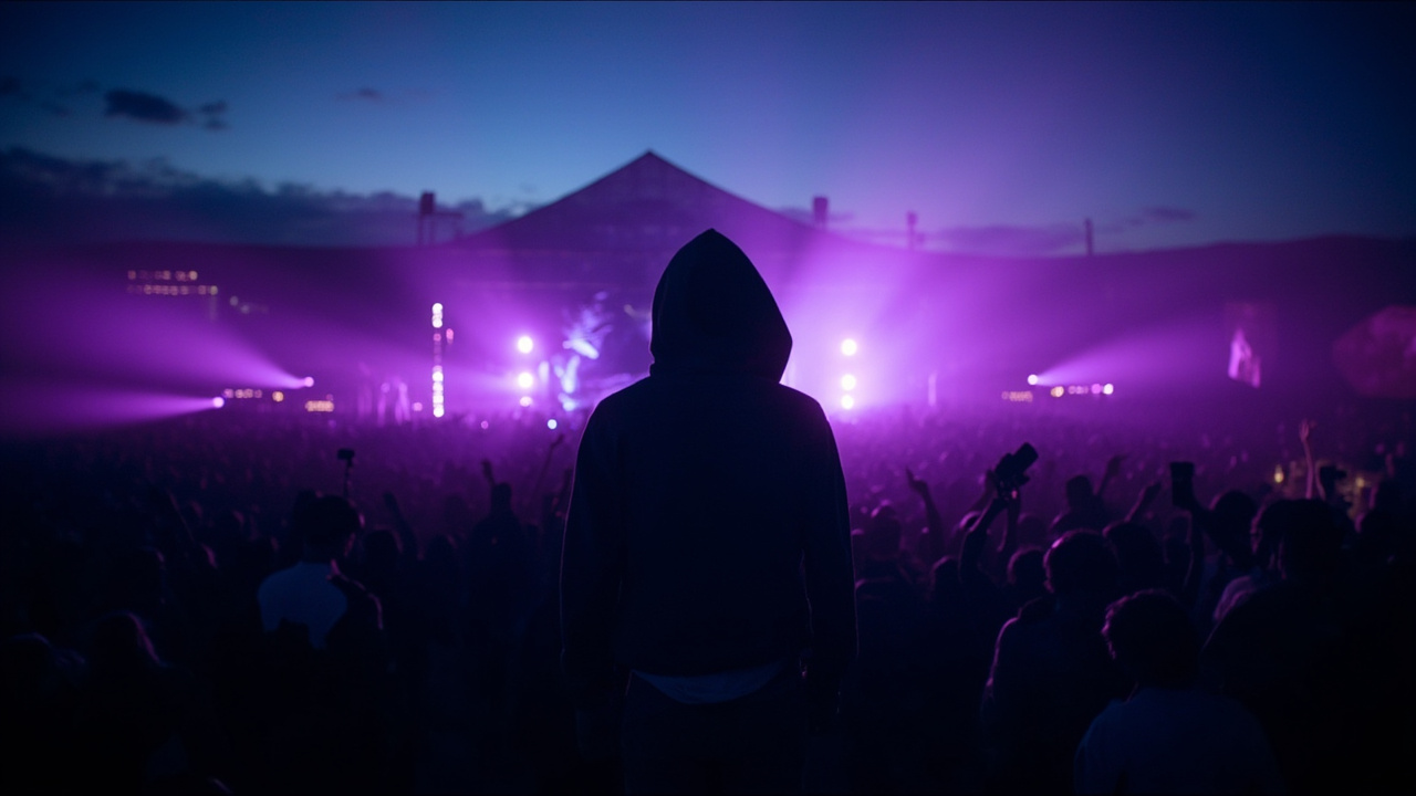 A lone performer in a hoodie on a vast desert stage under purple lights at night
